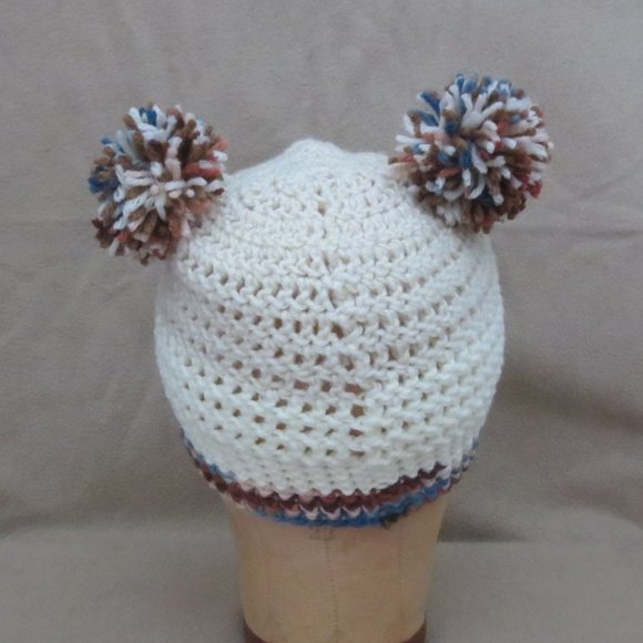 New OOAK Unisex Hand Crocheted Cream & Multi Double Pom Pom Beanie - Picture 2 of 7